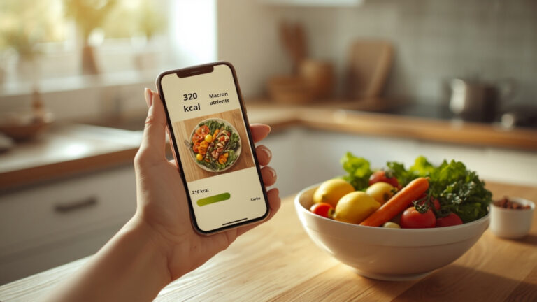 Mão segurando celular com app de contagem de calorias mostrando 320 kcal, tigela de frutas ao fundo