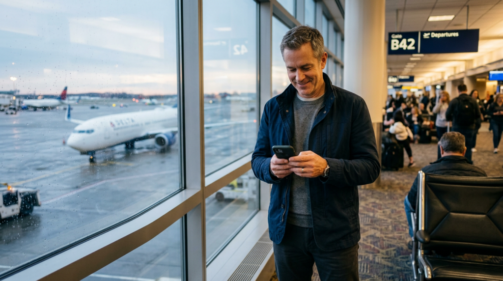 Homem usando o celular perto do portão de embarque em um aeroporto