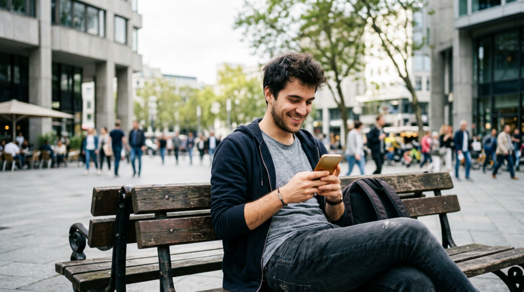 Jovem usando o celular em um banco de praça na cidade