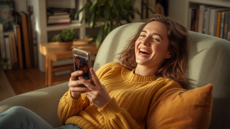 Mulher rindo enquanto assiste comédia romântica turca no smartphone