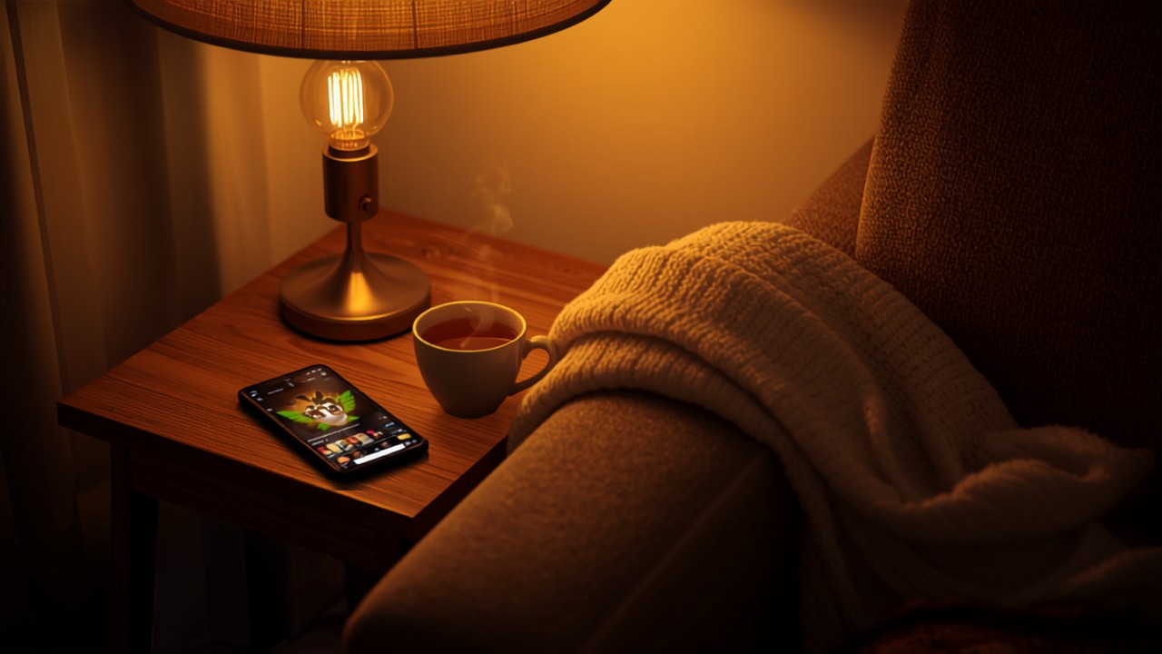 Ambiente aconchegante à noite com celular e xícara de chá, clima ideal para maratonar novelas turcas