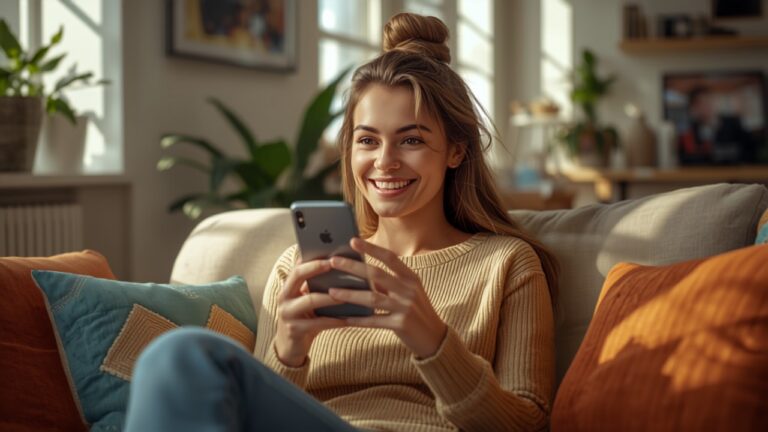 Mulher sorrindo enquanto decide o que assistir no smartphone