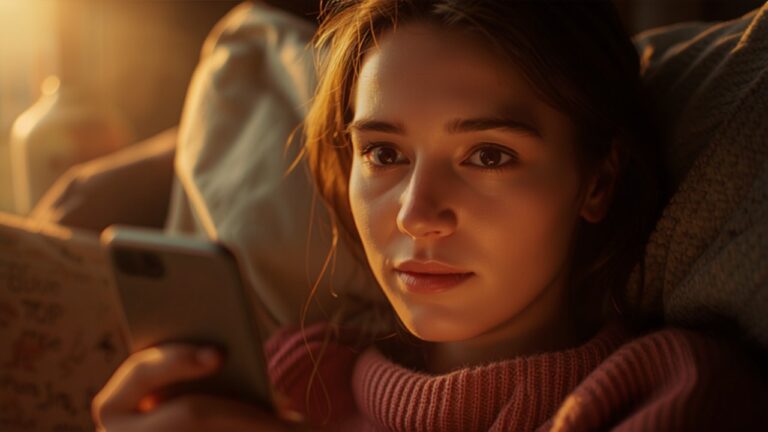 Pessoa curiosa olhando o smartphone em luz dourada