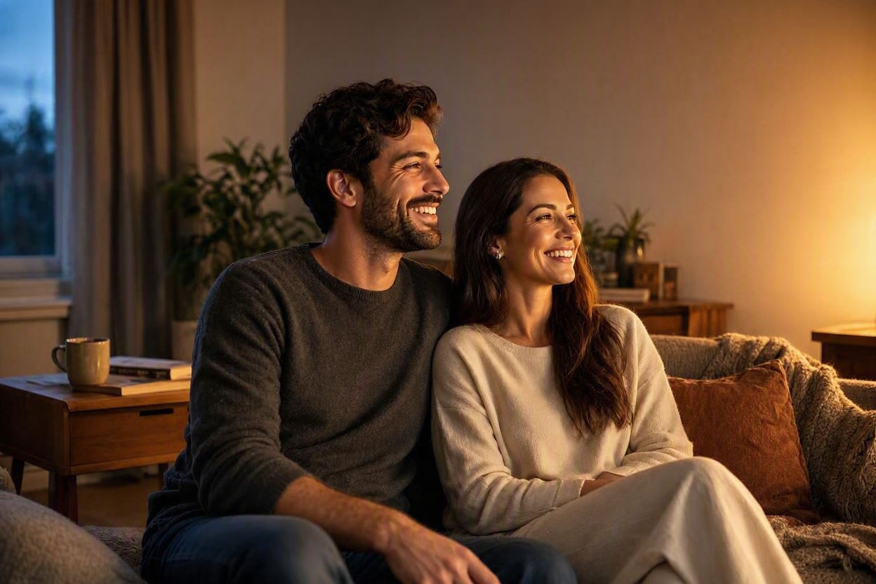 Casal assistindo novela turca juntos na sala, iluminados pela TV