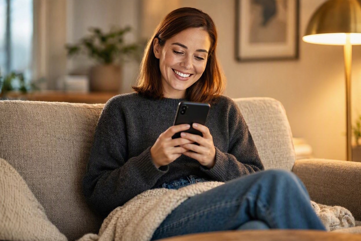 Mulher sorrindo no sofá enquanto assiste novela turca no celular