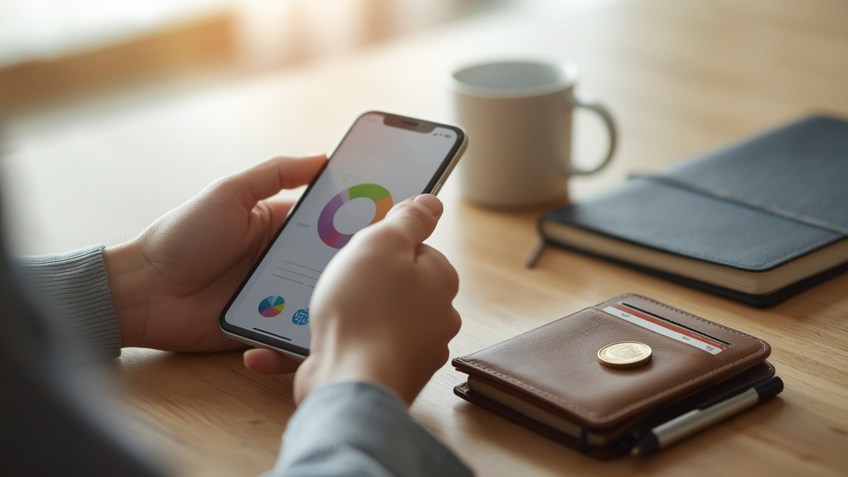 Celular com gráfico de orçamento ao lado da carteira, um dos apps para controlar gastos na Black Friday