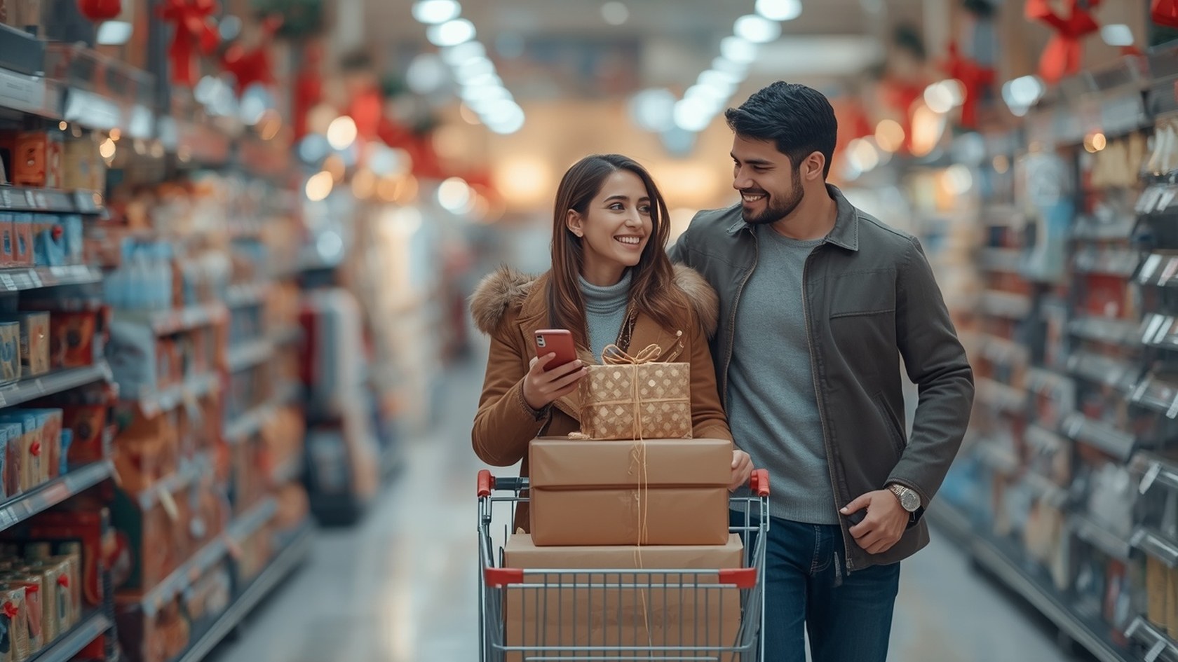 Casal com carrinho de compras usa apps para controlar gastos na Black Friday na loja