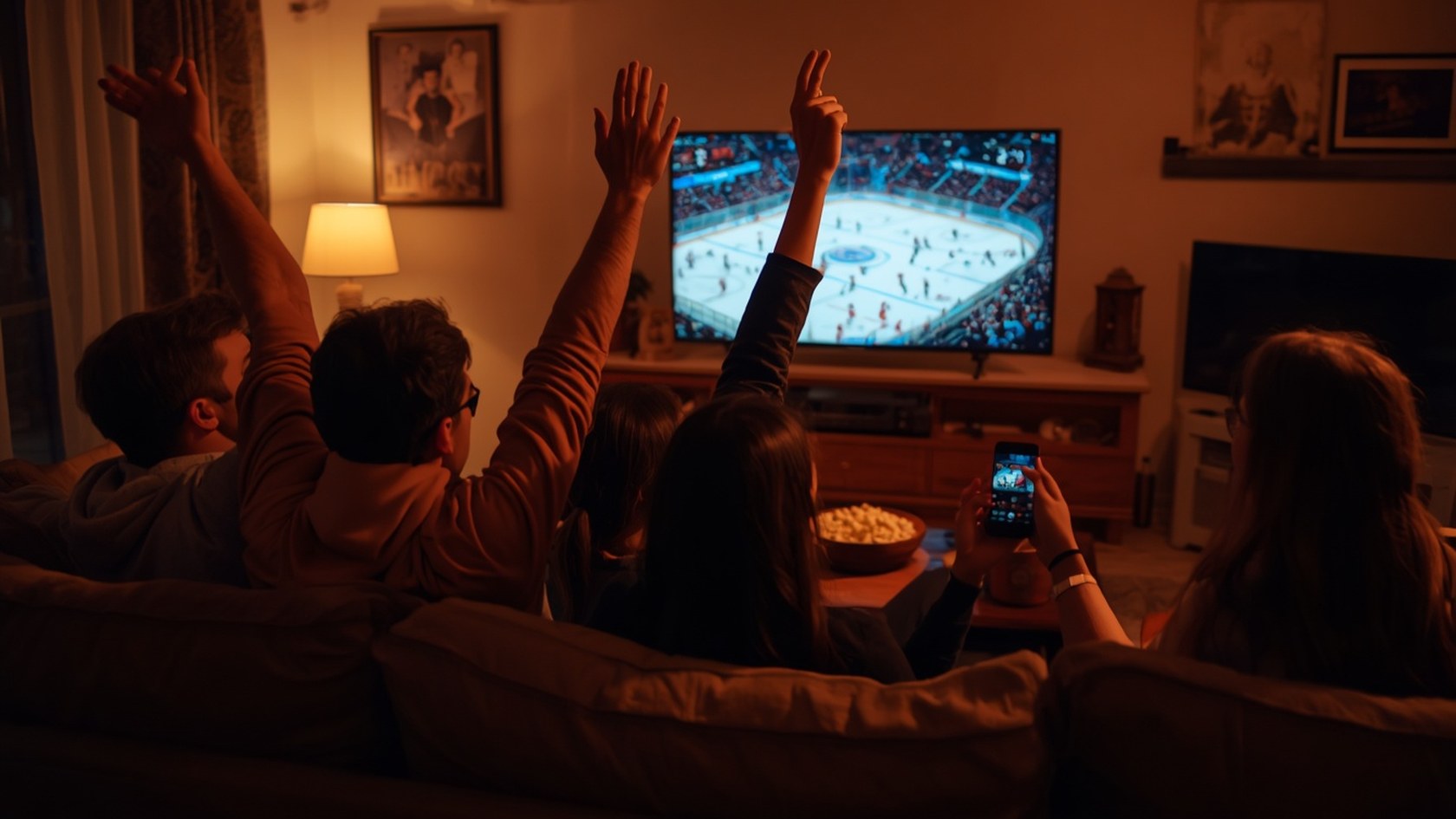 Amigos comemoram no sofá enquanto acompanham jogos da NHL no celular e na TV