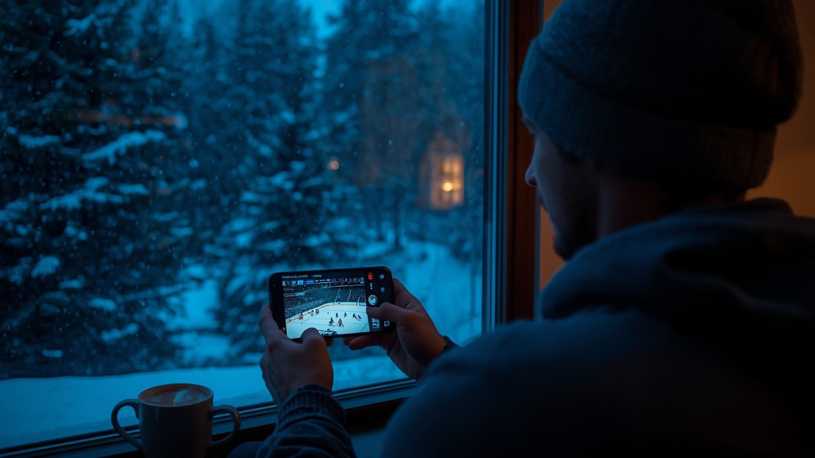 Rapaz assiste a jogos da NHL no celular perto da janela em noite de neve