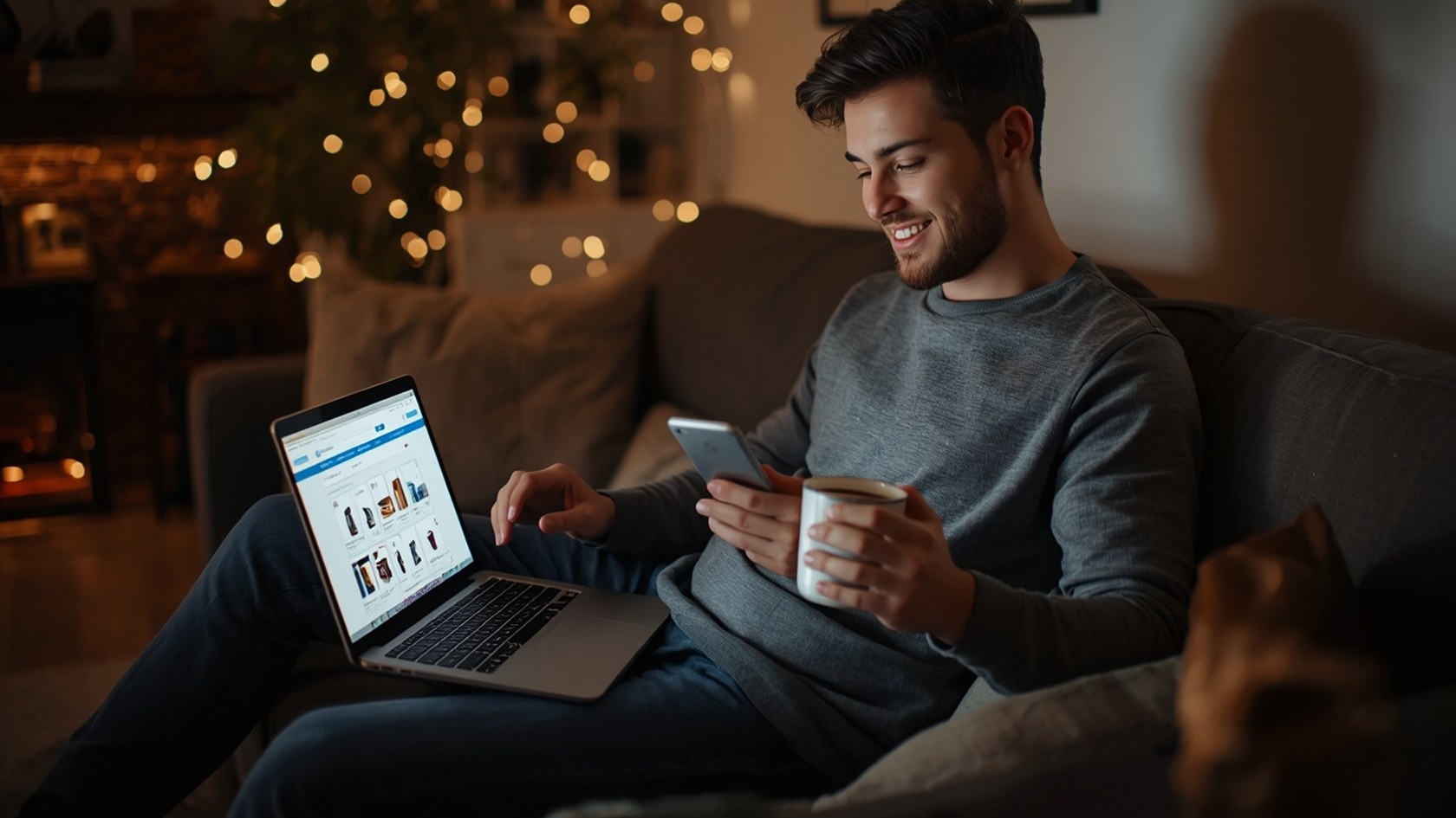 Rapaz no sofá com notebook e celular usando apps para comparar preços na Black Friday