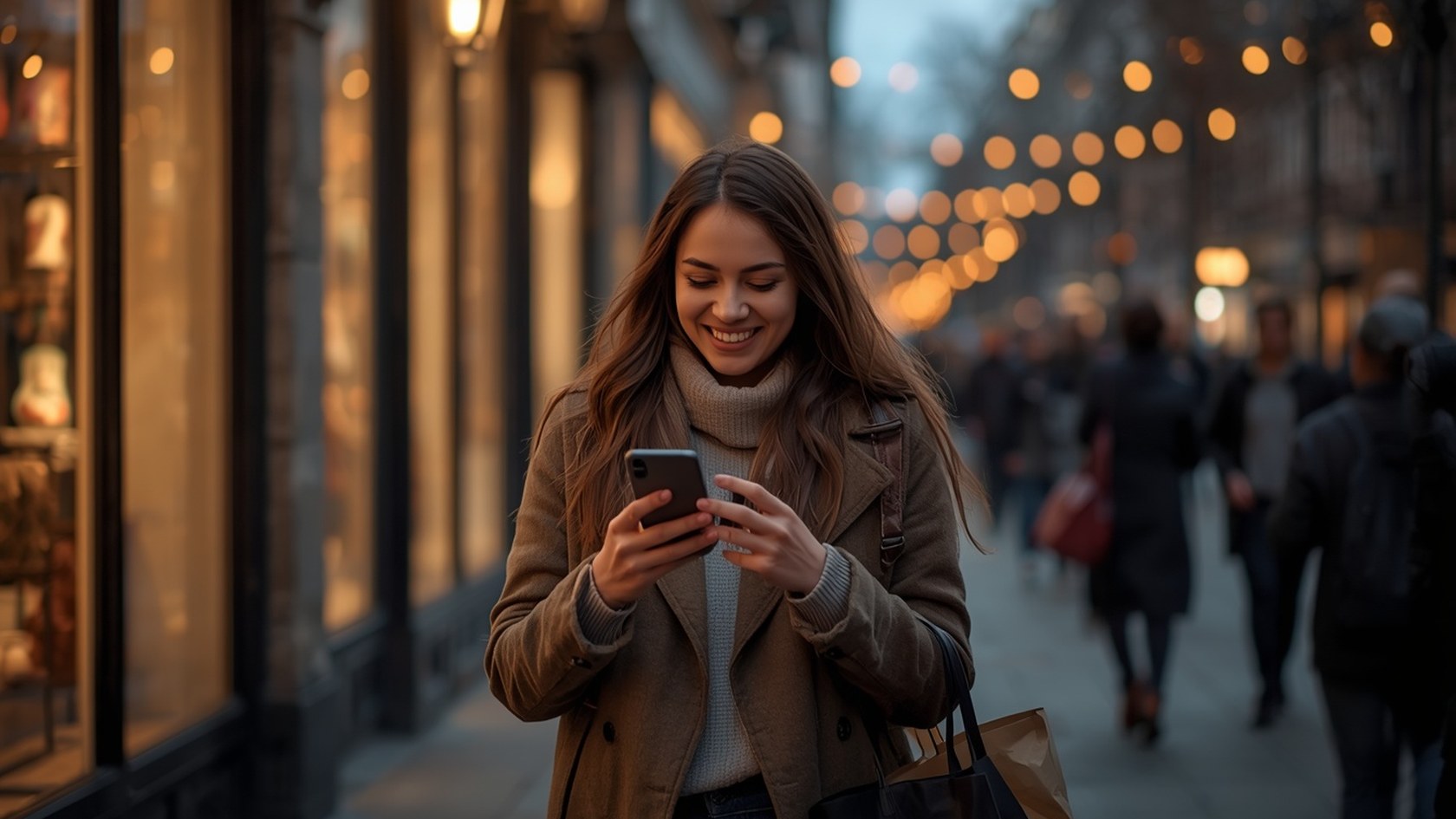 Mulher recebe alerta de oferta no celular na rua, com apps para comparar preços na Black Friday