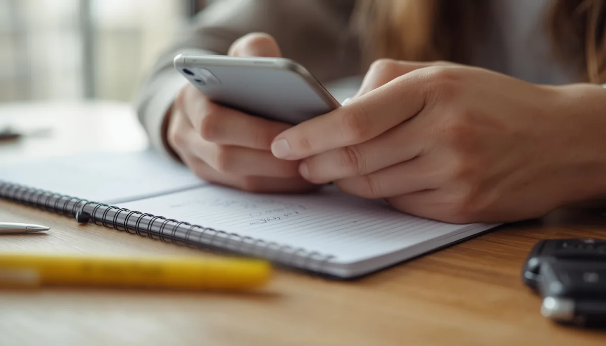 Mãos segurando um celular ao lado de um caderno, estudando dez minutos por dia