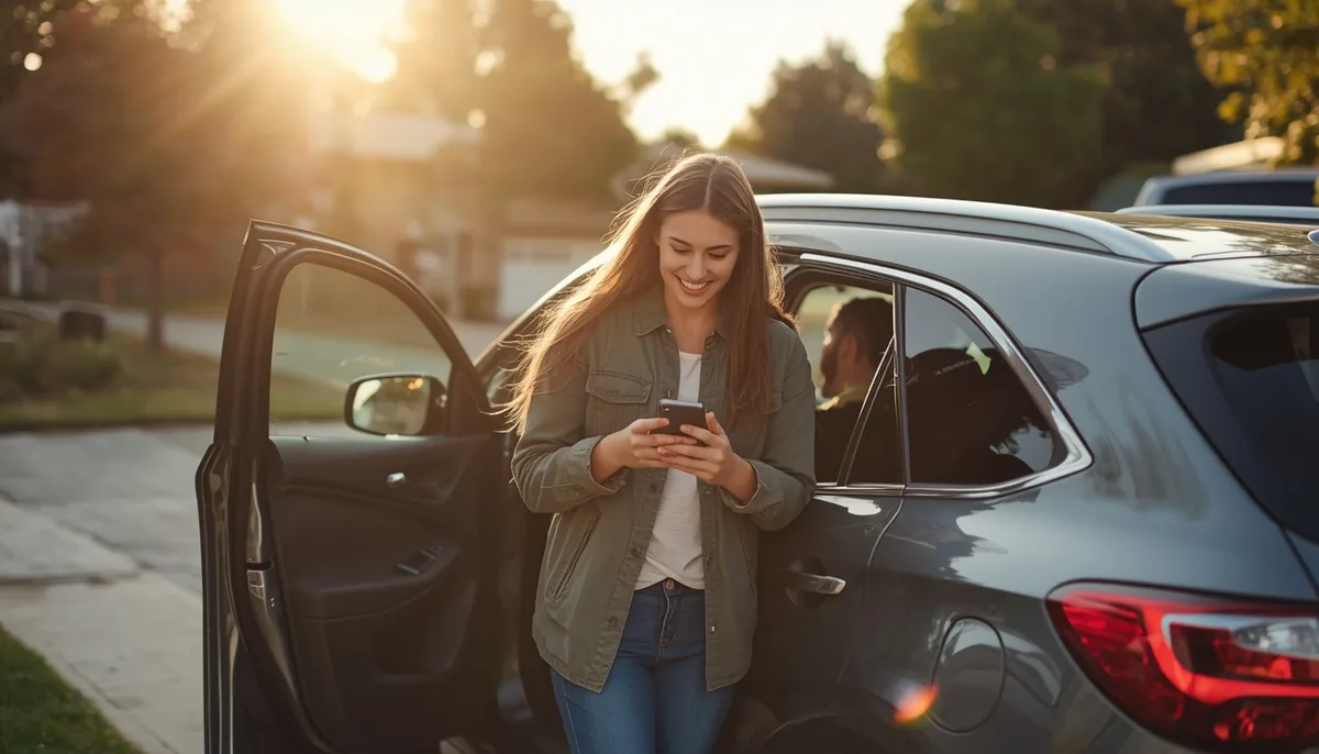 Jovem com o celular na mão ao lado de um carro, na preparação para a prova prática