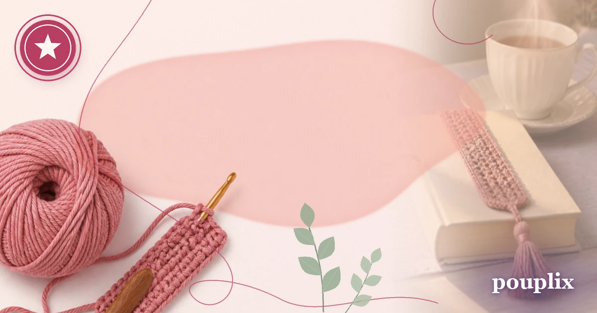 Novelo rosa e agulha de crochê com uma pequena peça rosa e, à direita, um marcapáginas de crochê com borla sobre um livro, ao lado de uma xícara de chá, capa do mini-curso Crochê Sem Pressa