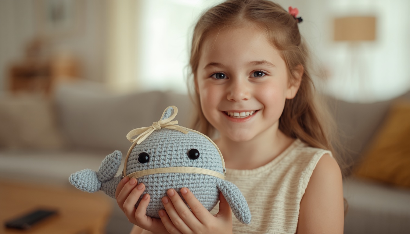 Menina sorrindo com uma baleia de crochê azul amarrada com uma fita, feita à mão para presente