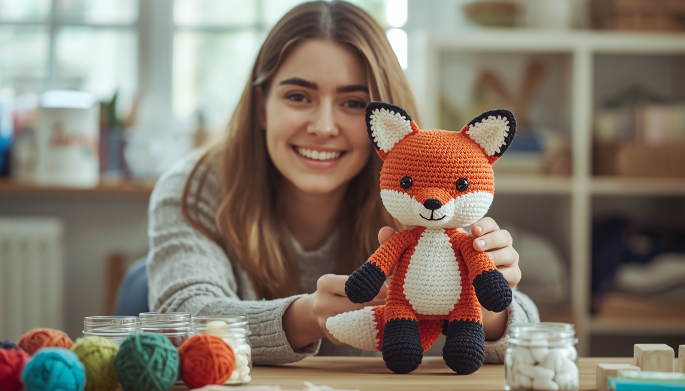 Jovem mostrando uma raposa de amigurumi feita à mão na mesa de artesanato