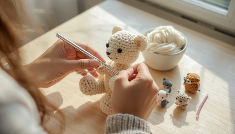 Mãos de uma pessoa iniciante fazendo um urso de amigurumi com agulha de crochê, ao lado de uma tigela de enchimento e bichinhos prontos