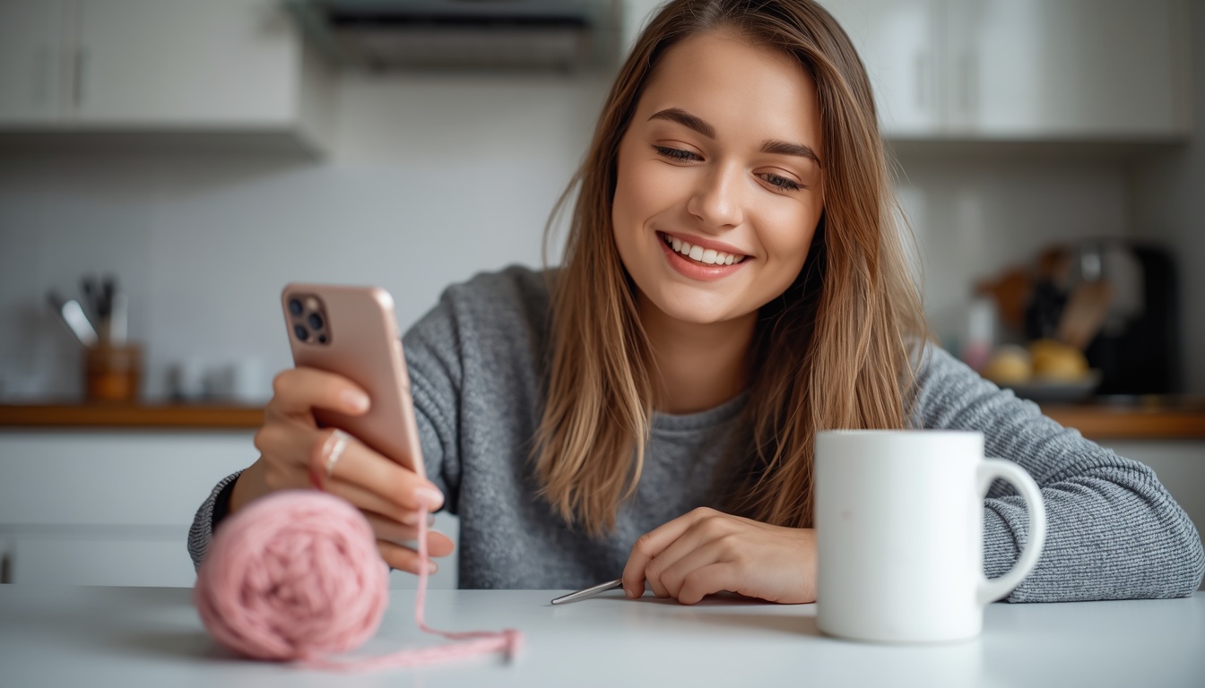 Jovem sorrindo olha um app de crochê grátis no celular, com novelo rosa e agulha