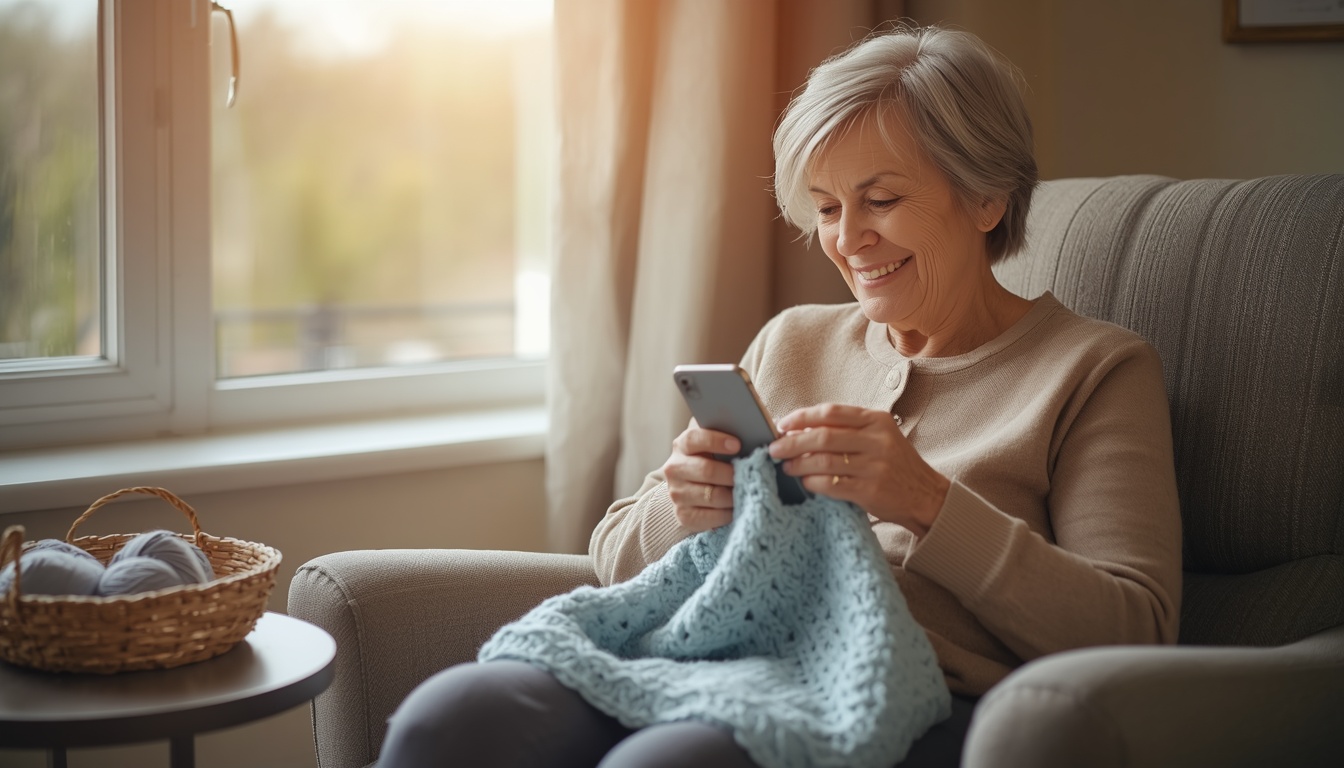 Senhora sorrindo usa um app de crochê grátis no celular, com uma manta azul no colo