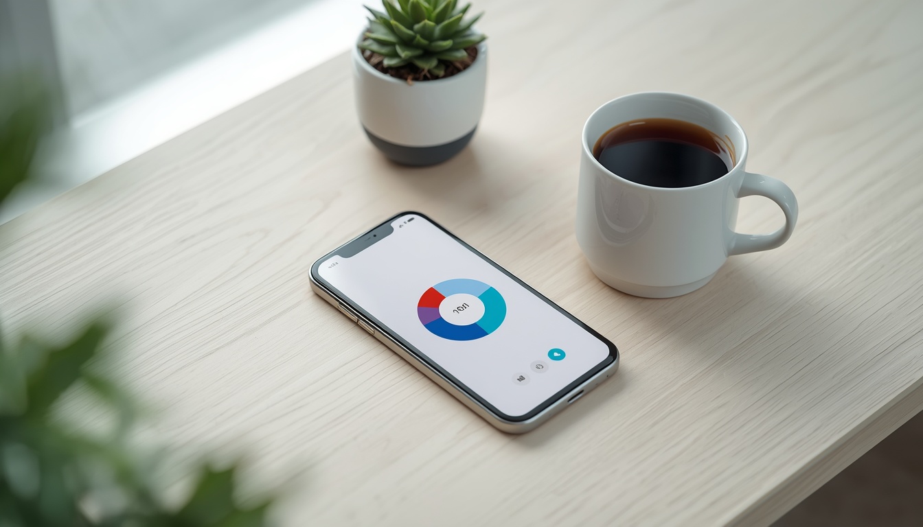 Celular sobre uma mesa de madeira clara, ao lado de uma xícara de café e de um vaso pequeno, com um gráfico circular de armazenamento na tela