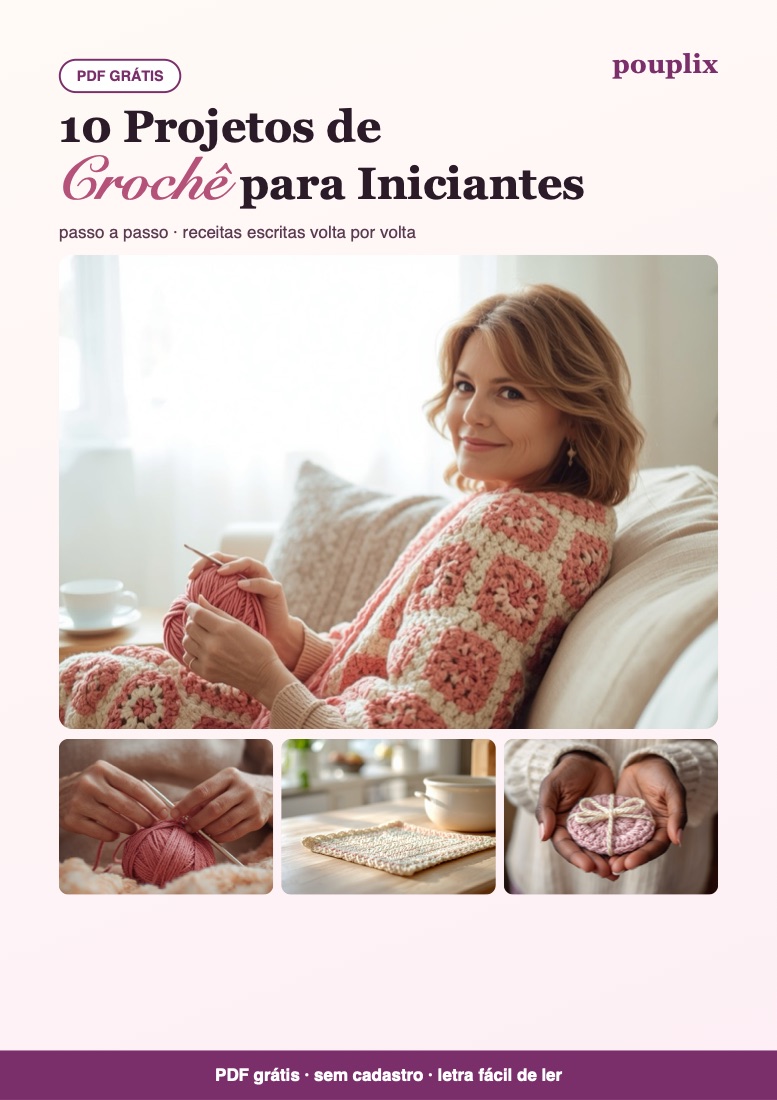 Capa do guia gratuito 10 Projetos de Crochê para Iniciantes, com foto de uma mulher sorrindo no sofá com um cardigã de crochê granny rosa e creme
