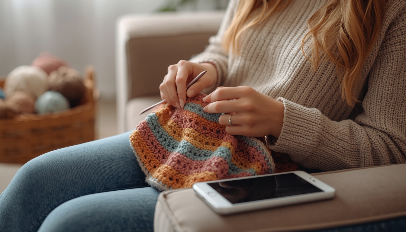 Manta de crochê colorida em andamento e celular com aplicativo