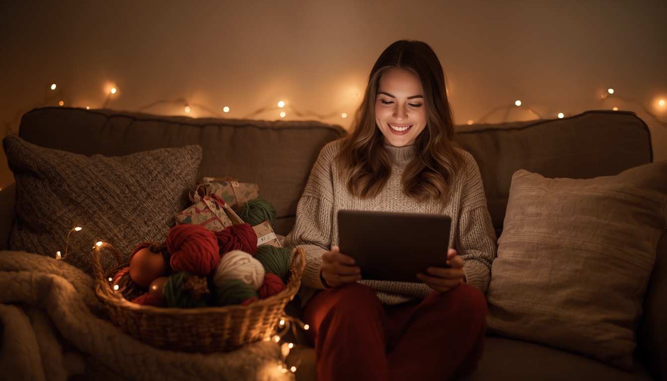Crochê de Natal: novelos no sofá Crochê de Natal: mulher com novelos vermelhos e verdes olhando uma receita no tablet