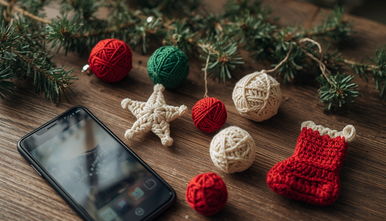 Crochê de Natal: peças prontas Crochê de Natal: estrela, meia e bolas de crochê sobre a mesa com ramos de pinheiro