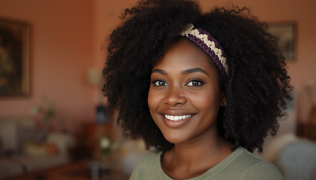 Mulher de cabelo cacheado sorrindo, usando uma faixa de cabeça de crochê em ameixa e creme