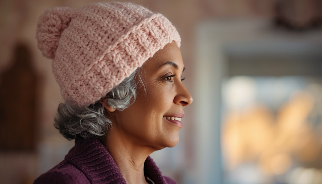 Mulher madura de cabelo grisalho, de perfil e sorrindo, usando um gorro de crochê rosa com pompom e barra dobrada