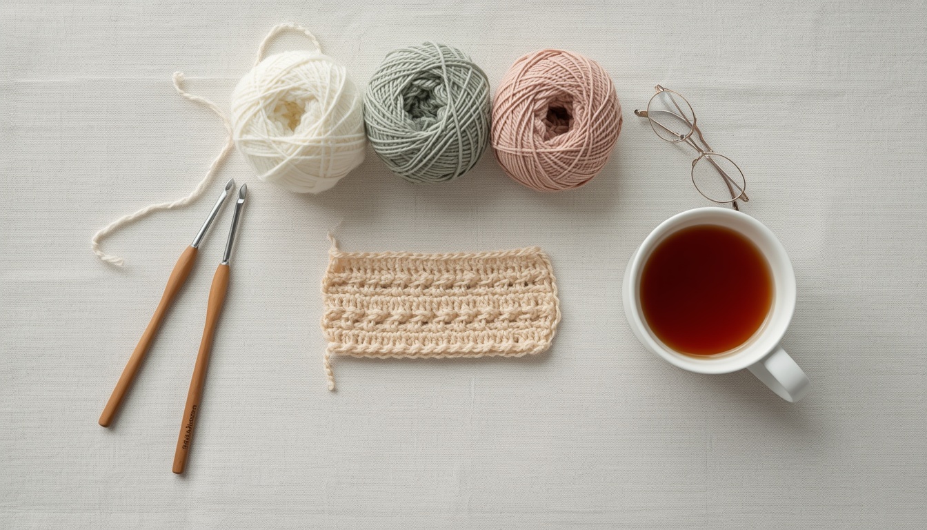 Kit de crochê para iniciantes com duas agulhas de madeira, três novelos de algodão, uma amostra pronta, óculos de leitura e uma xícara de chá sobre uma toalha de linho