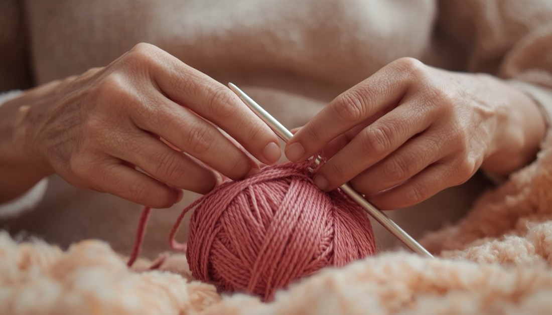 Mãos de uma pessoa mais velha segurando um novelo de fio rosa e uma agulha, prontas para começar um trabalho de crochê