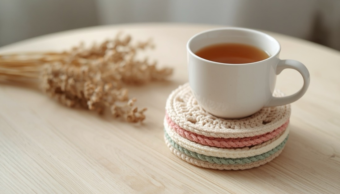 Pilha de porta-copos de crochê redondos em creme, rosa e verde, com uma xícara de chá em cima