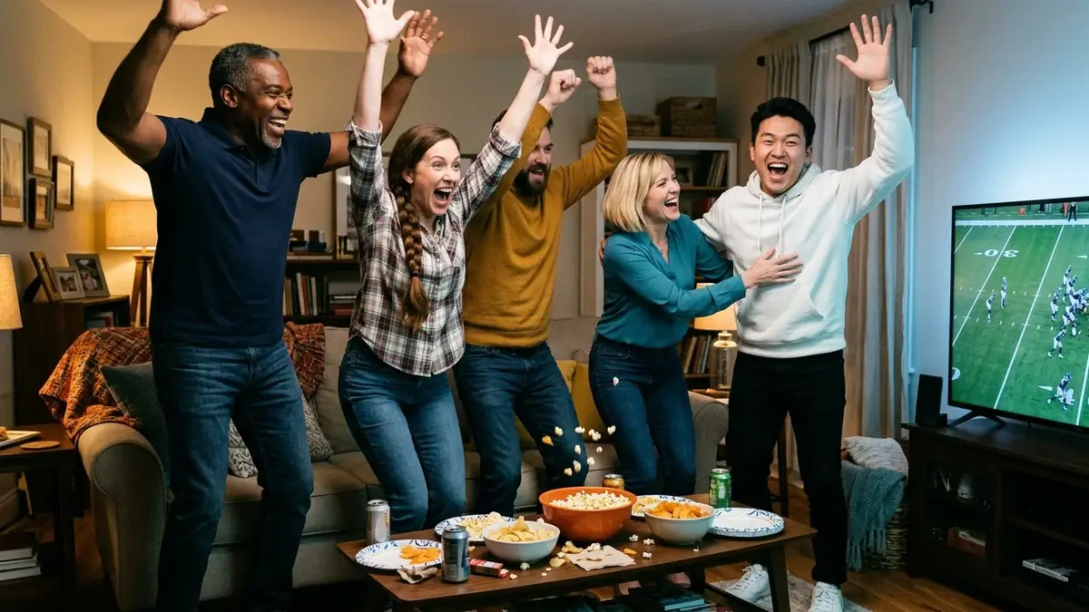 Five friends jumping up from the sofa to celebrate a touchdown on the living room TV
