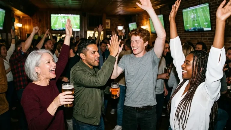 Friends high-fiving and cheering in a packed sports bar as they watch NFL games for free on the bar TVs