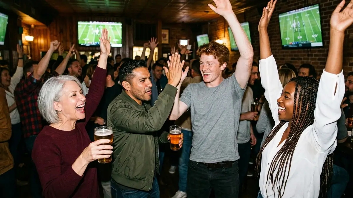 Friends high-fiving and cheering in a packed sports bar as they watch NFL games for free on the bar TVs