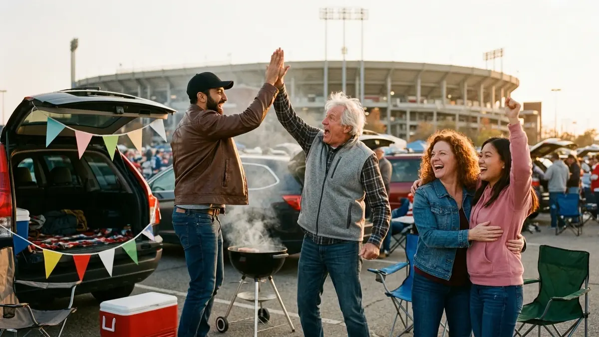 Tailgate friends high-fiving next to a grill as they watch NFL games for free on the stadium big screen