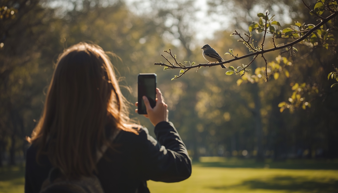 Pessoa no parque usando o celular para identificar pássaros em um galho