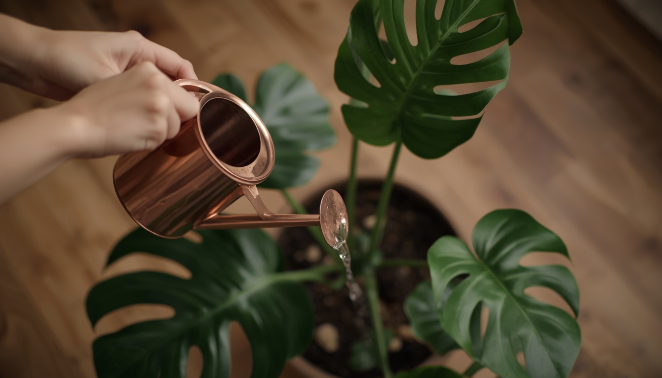 Regar plantas: mãos despejando água de um regador de cobre em uma monstera