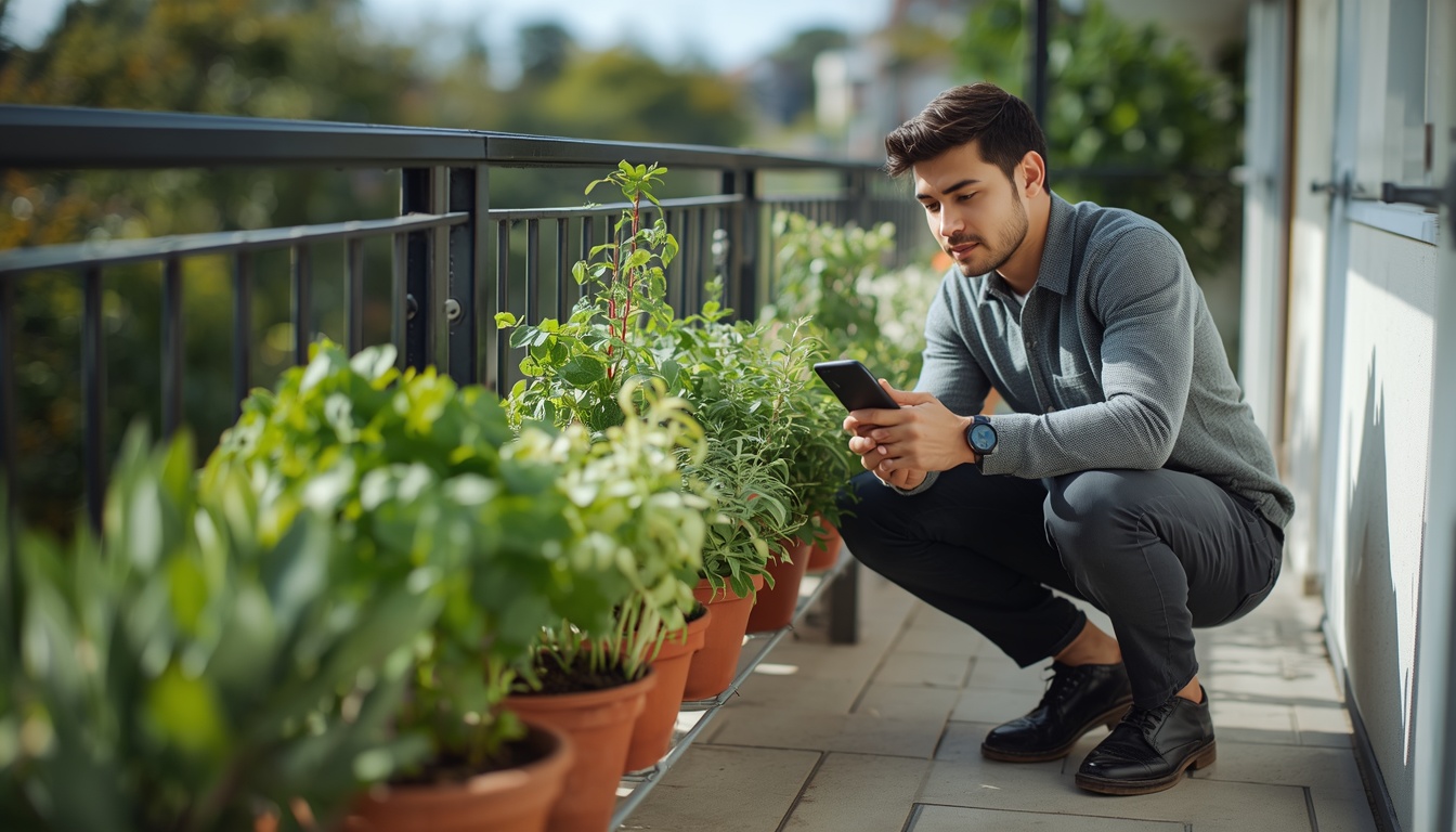 Cuidar de plantas na varanda: homem com o celular diante de vasos de ervas e suculentas