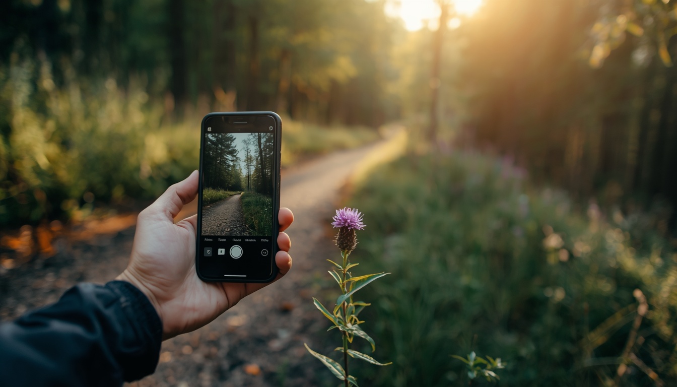 Identificar plantas com o celular: mão segurando o aparelho diante de uma flor roxa