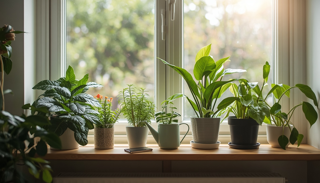 Identificar plantas em casa: vasos na janela de uma sala iluminada, com regador e celular