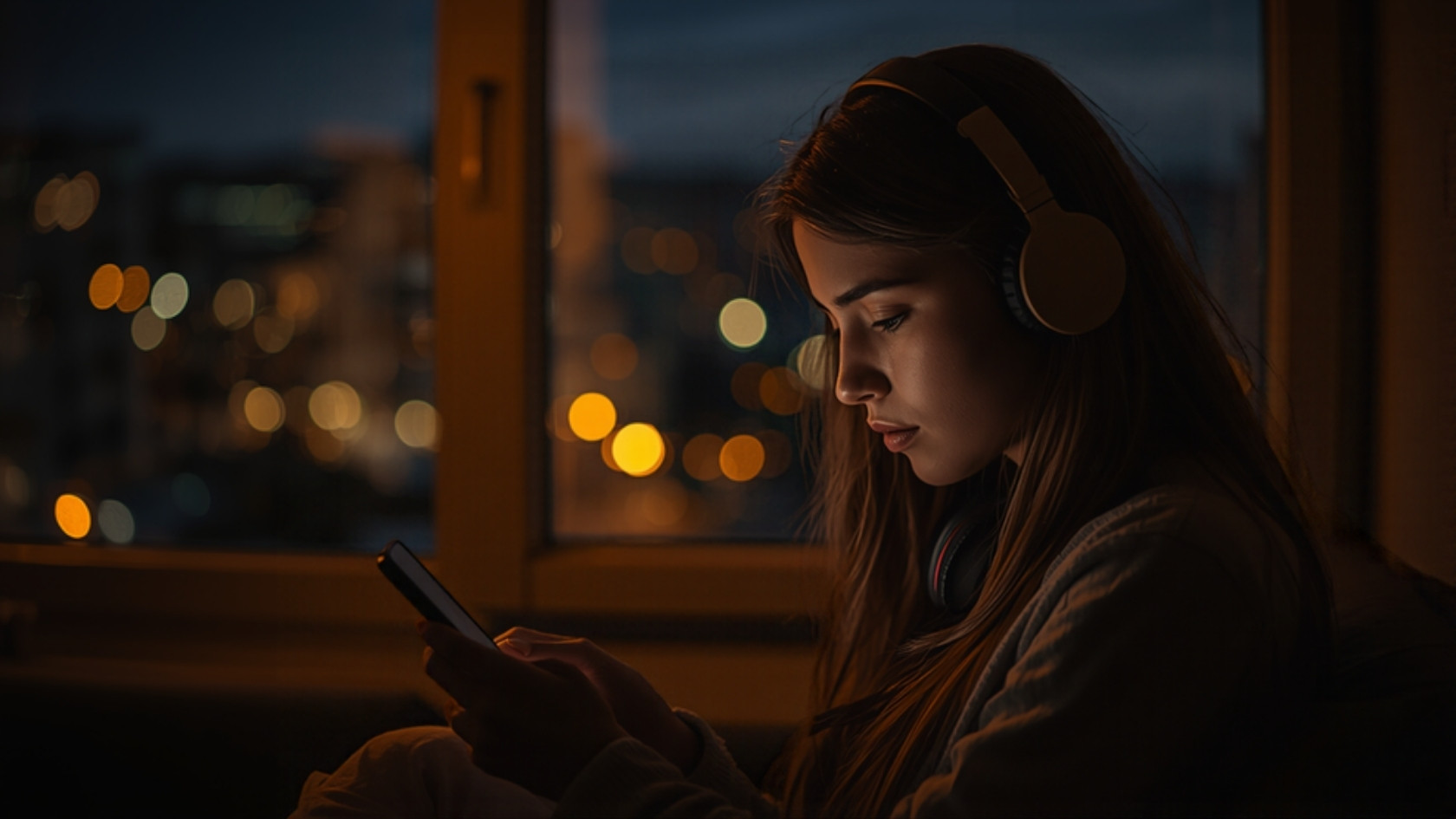 Pessoa de fones de ouvido ouvindo um app de scanner de polícia no celular à noite