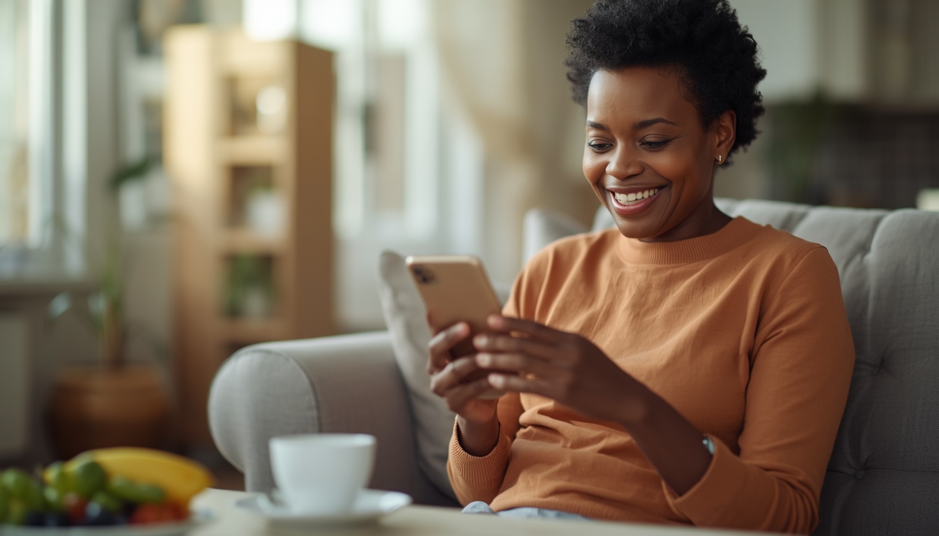 Mulher sorrindo no sofá olhando o celular, com uma xícara de chá e frutas na mesa