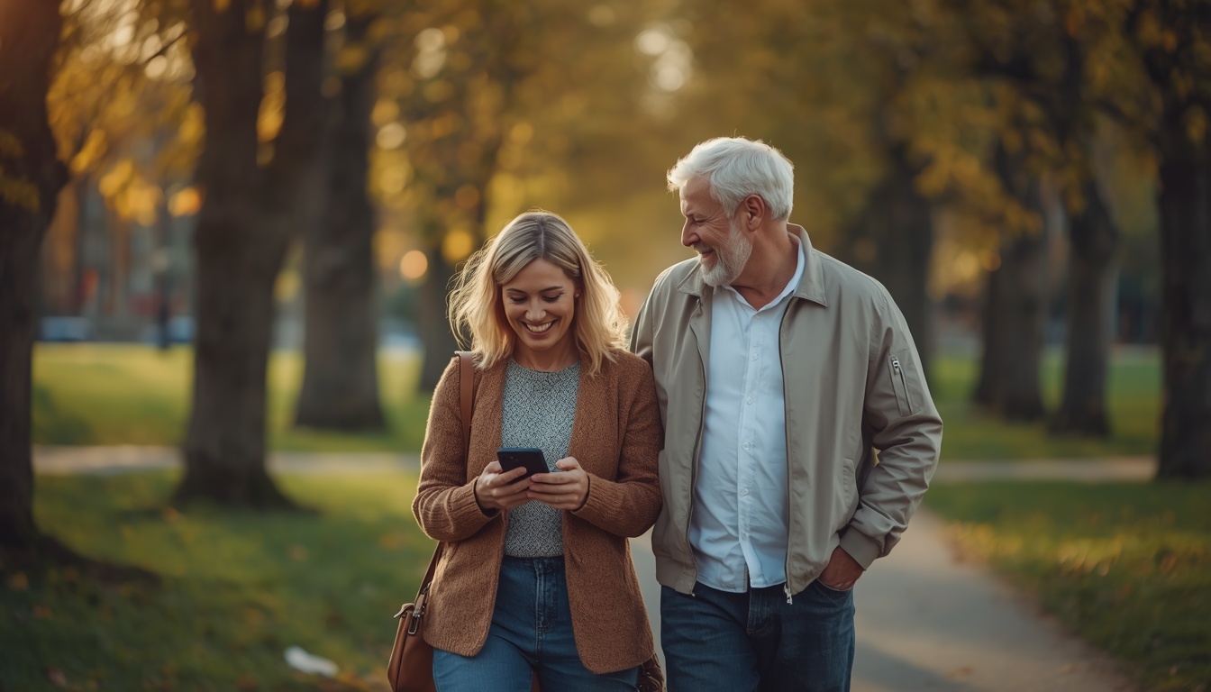 Casal caminhando em um parque no fim da tarde, com a mulher sorrindo para o celular