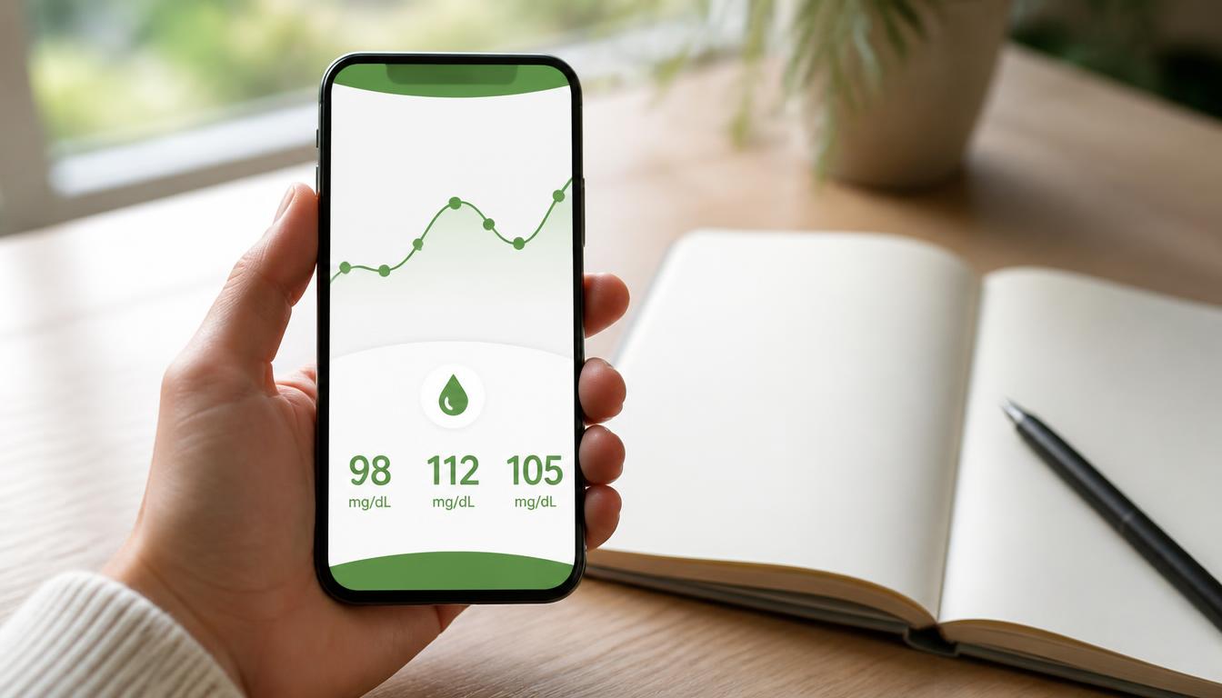 Registrar a glicose: mão segurando o celular com um gráfico e valores em mg/dL, ao lado de um caderno aberto e uma caneta