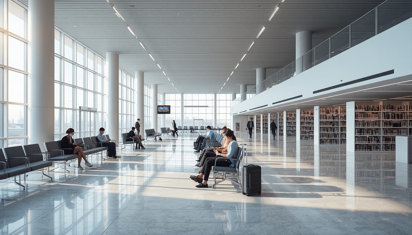 Pessoas usando celular e laptop em um saguão de aeroporto com biblioteca, lugares onde costuma haver Wi-Fi grátis perto de você