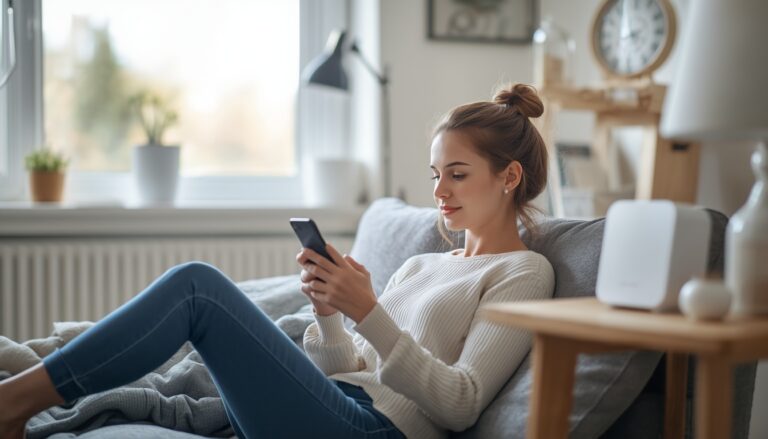 Wi-Fi grátis em casa e no bairro: mulher usando o celular no sofá de uma sala clara