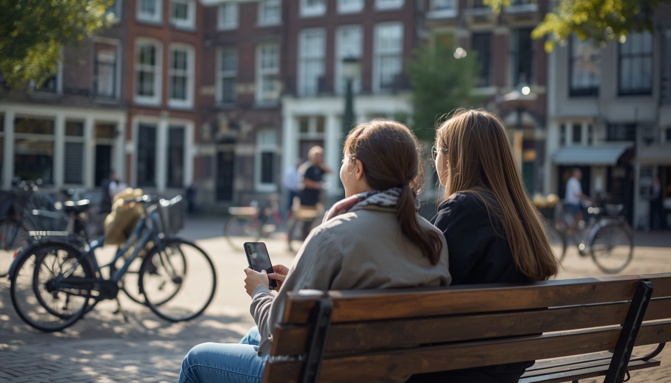 Wi-Fi grátis no bairro: dois amigos em um banco de praça com bicicletas ao fundo