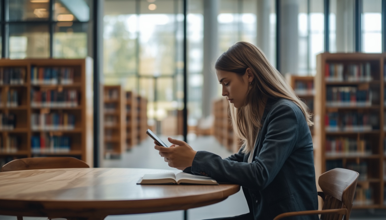 Wi-Fi grátis na biblioteca: pessoa usando o celular em uma mesa de madeira